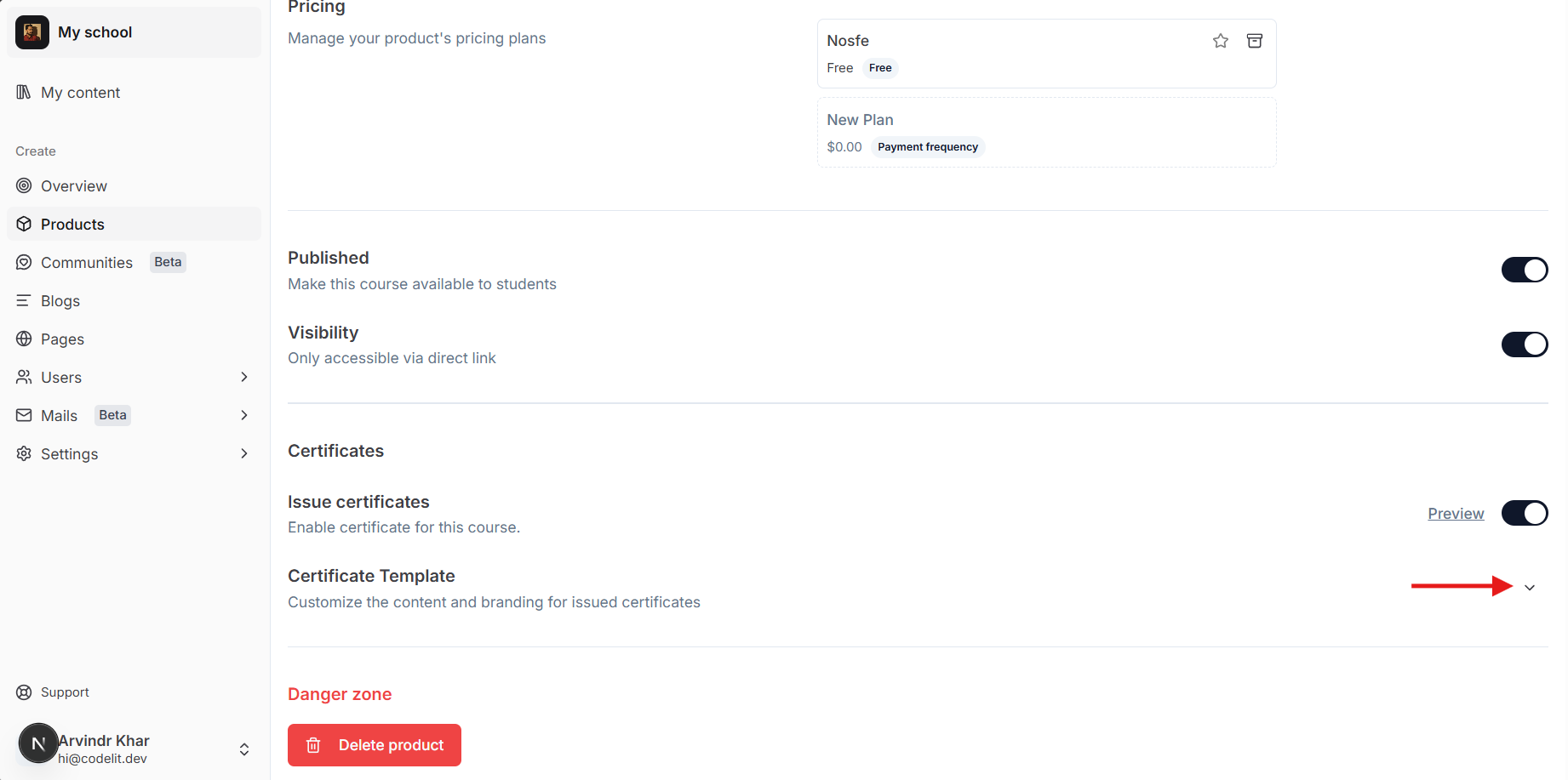 Certificate template customization expand button