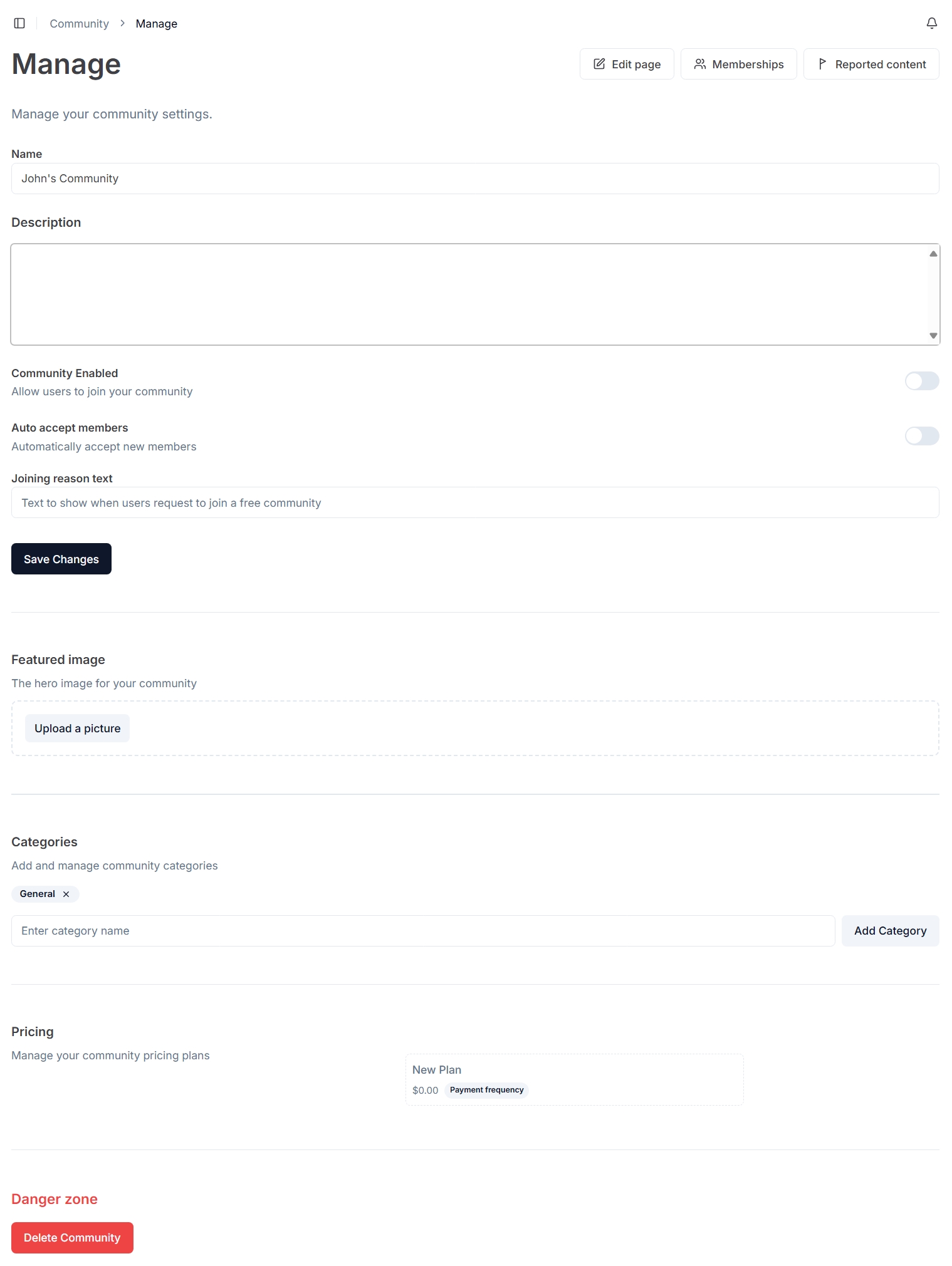 Community Manage Screen