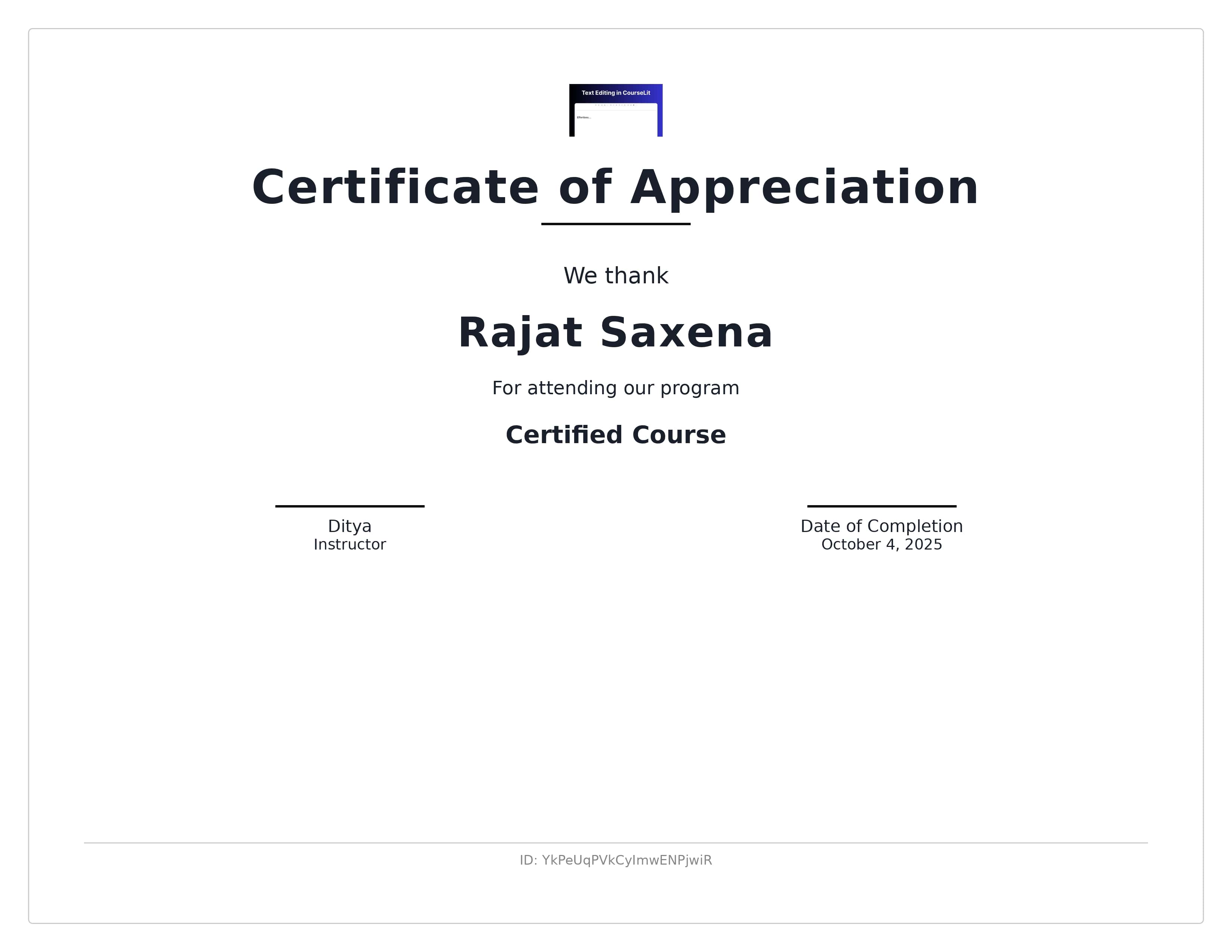 CourseLit Example Certificate