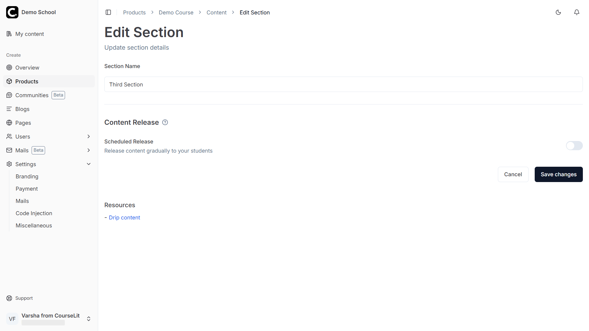 Edit Section Settings