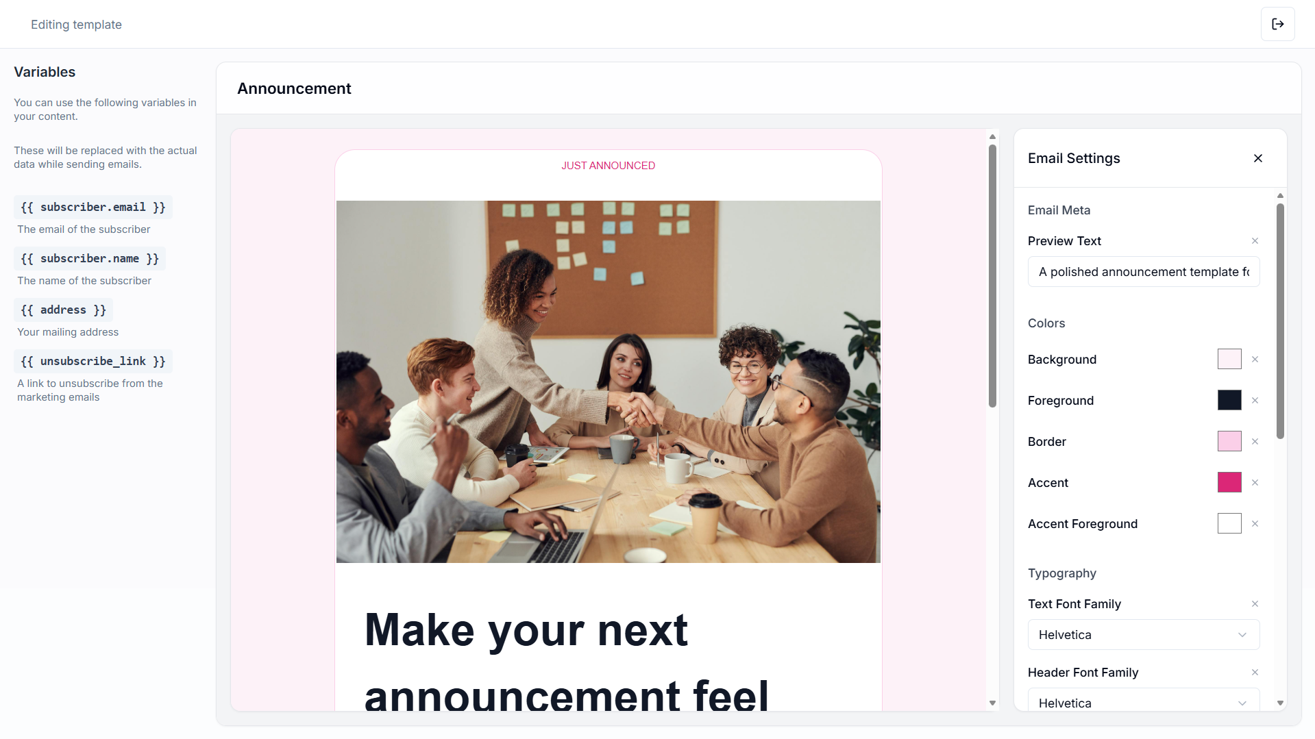 Email editor invoked via template manage screen