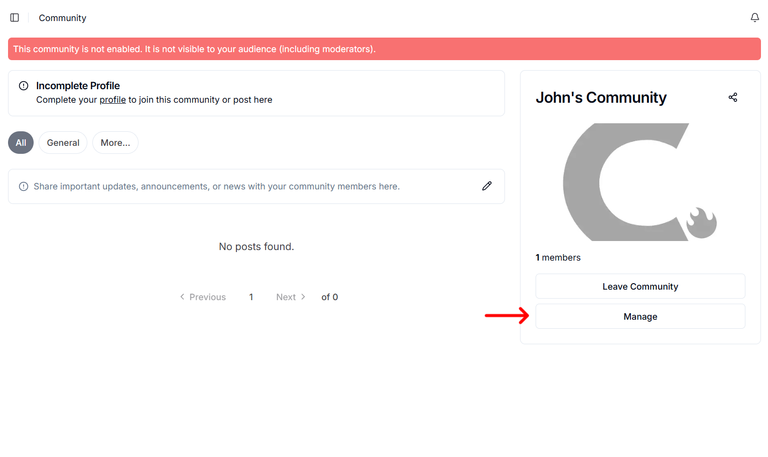 Newly-created Community Screen