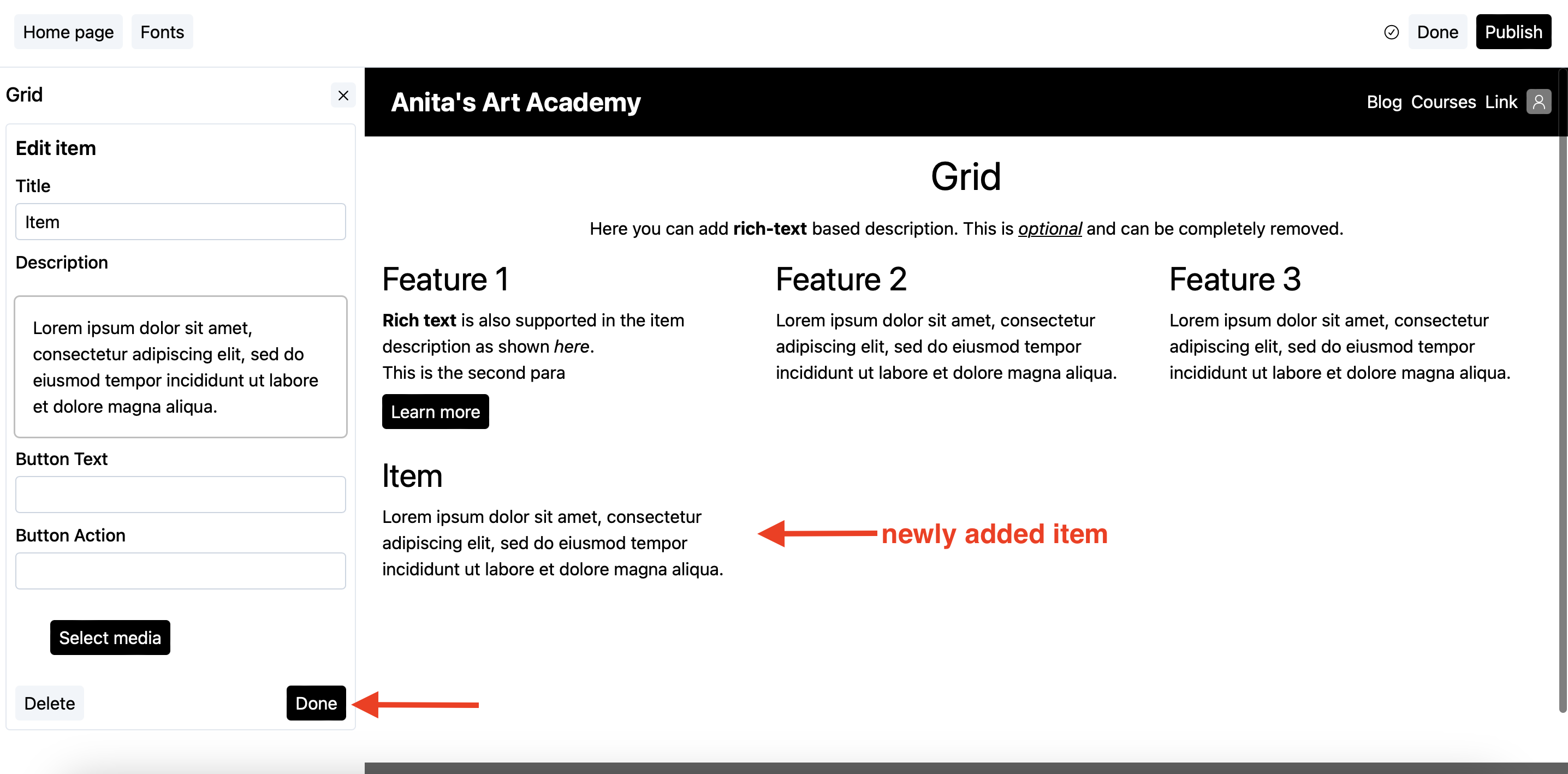 Grid block edit item