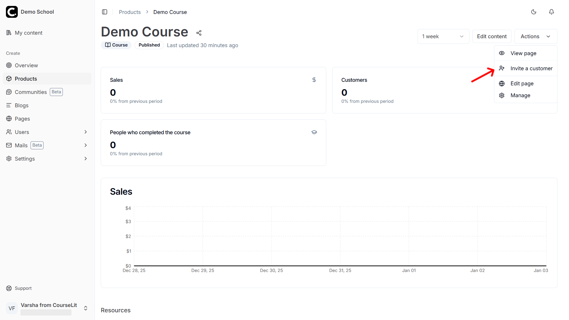 Invite customer menu item selected