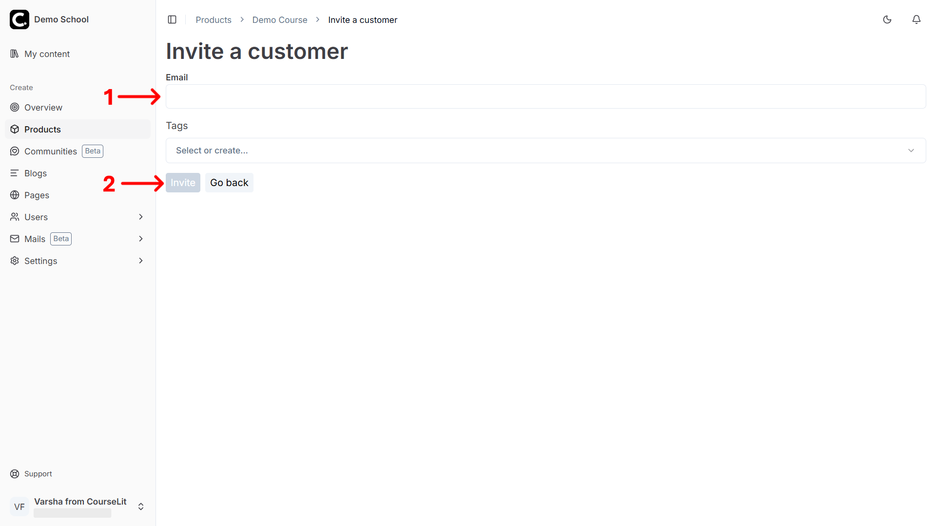 Invite customer screen