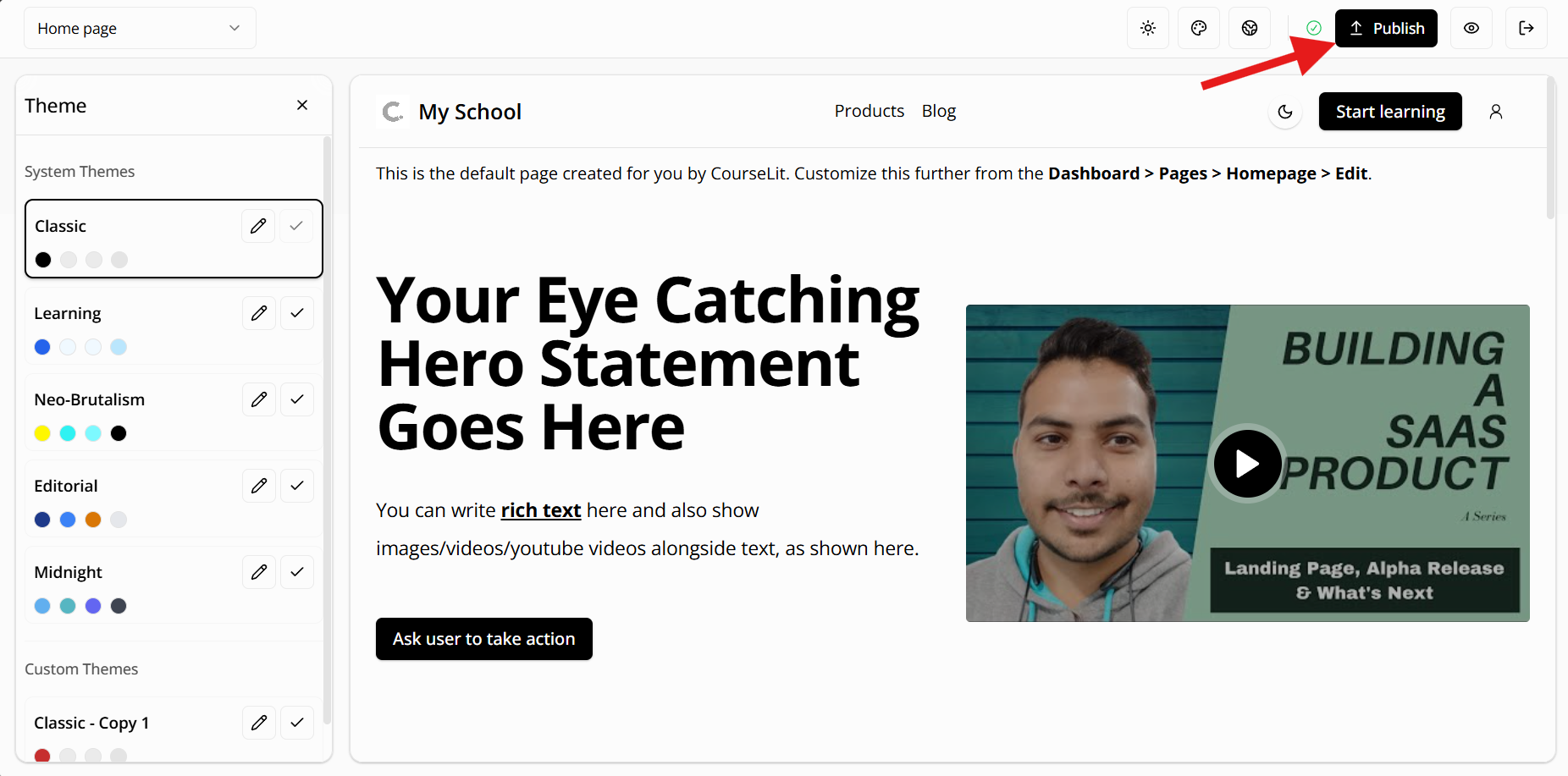 Publish theme button