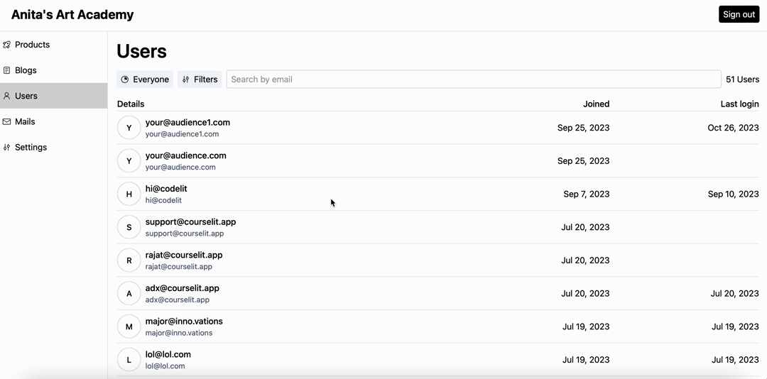 Search by email filter
