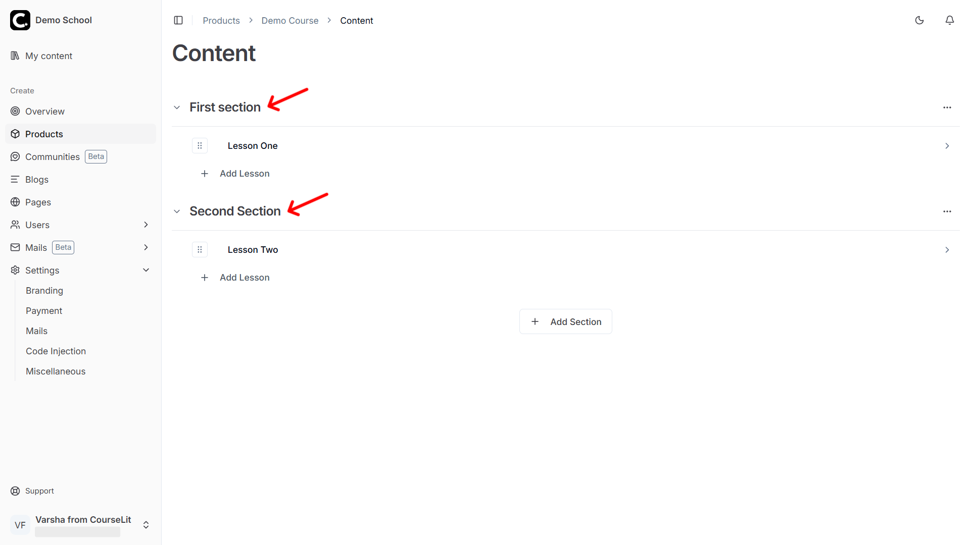 Sections in Product Editor