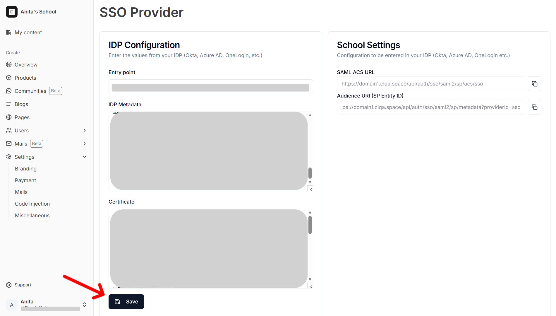 SSO Configuration save button