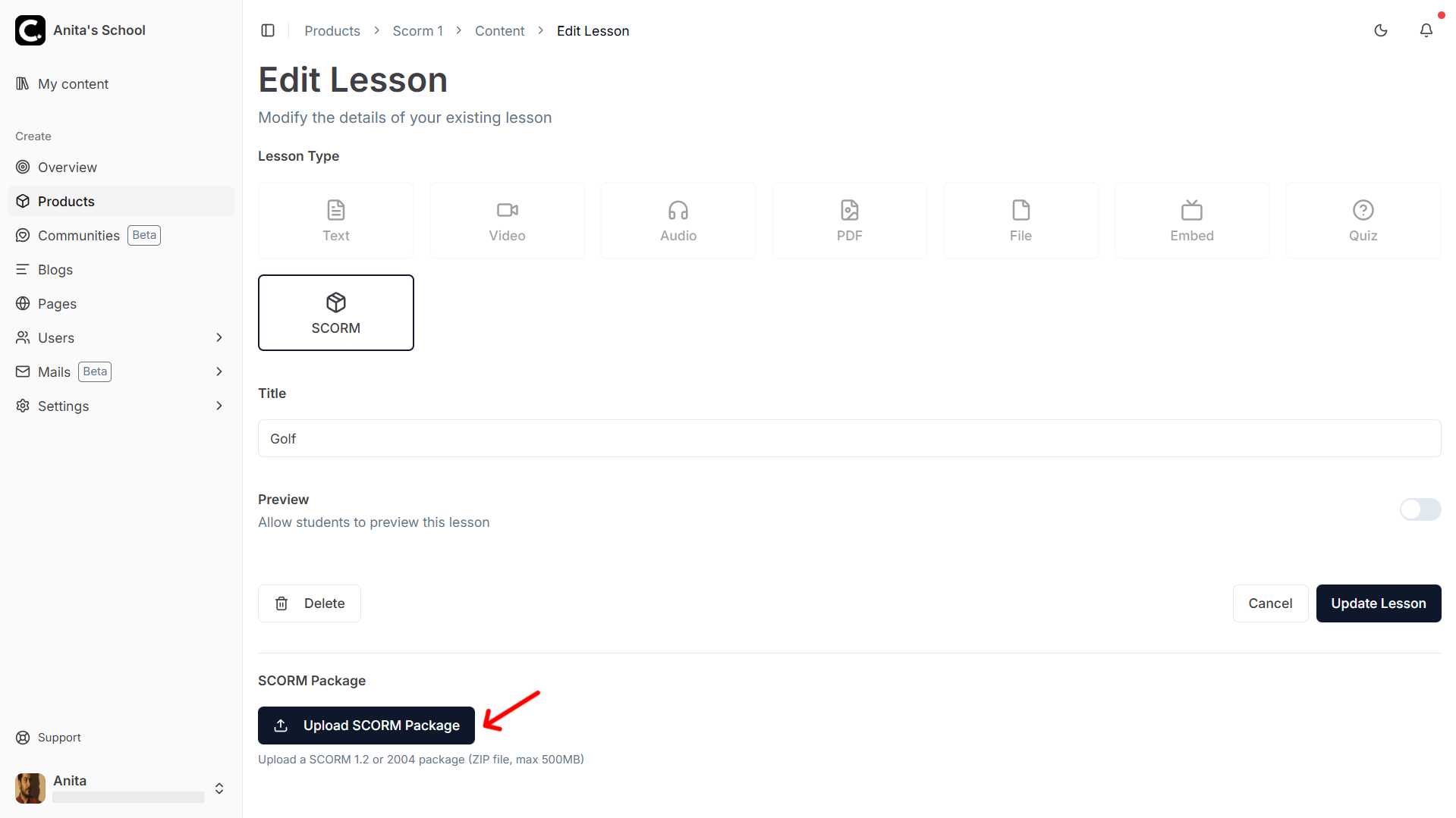 upload SCORM package