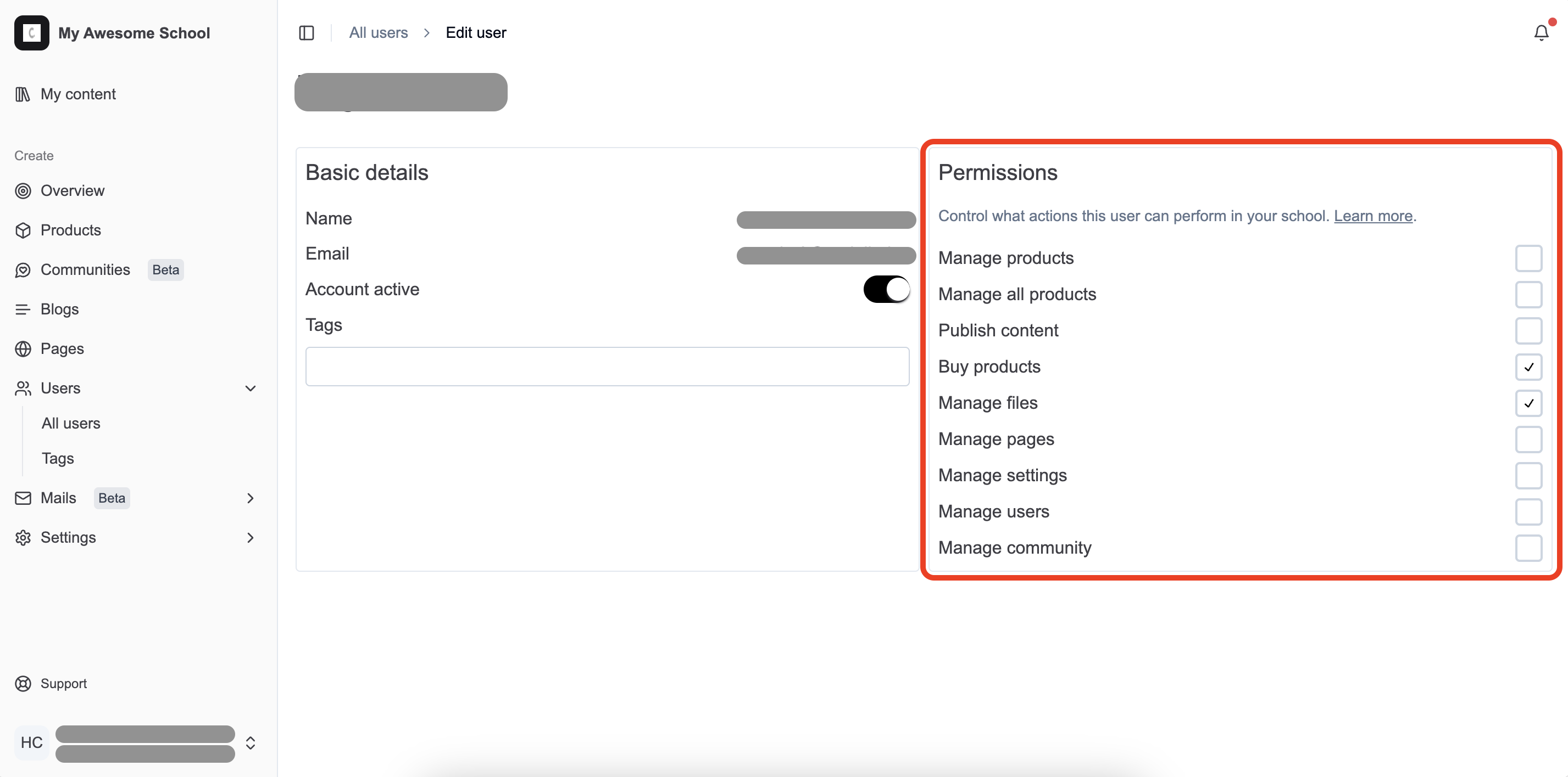 User's permission editor