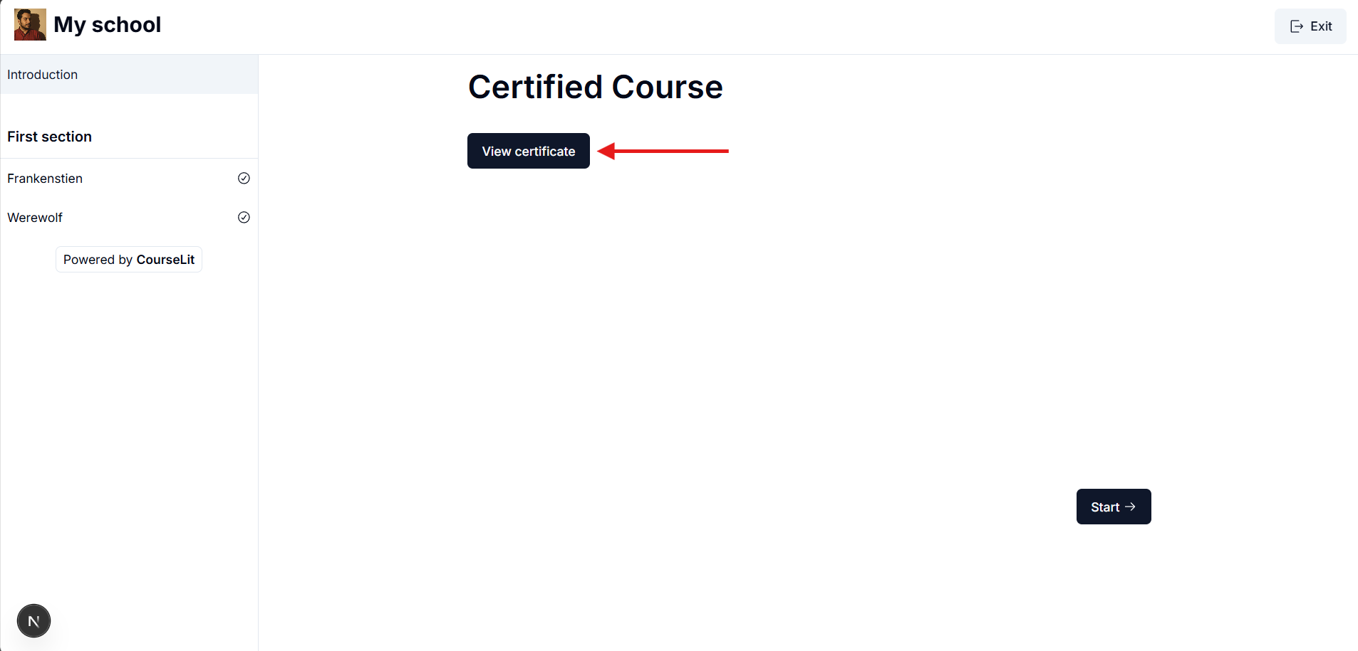 View certificate button on product's intro in course viewer